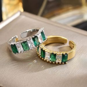 Luxury Emerald Two-Color Ring Zircon Women's High-Grade Graceful and Fashionable Ring Light Luxury Design Exquisite Ring Opening