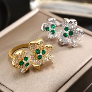 Luxury Emerald Double Flower Ring Zircon Women's High-Grade Graceful and Fashionable Ring Light Luxury Design Exquisite Ring