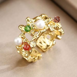 High-Grade Bracelet European and American Entry Lux French Retro Fashion Inlaid Gemstone Open Pearl Ring Female Special-Interest Design