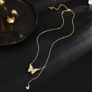 Double Butterfly Tassel Necklace for Women New Light Luxury Minority Design Fairy Clavicle Chain Neck Chain Simple