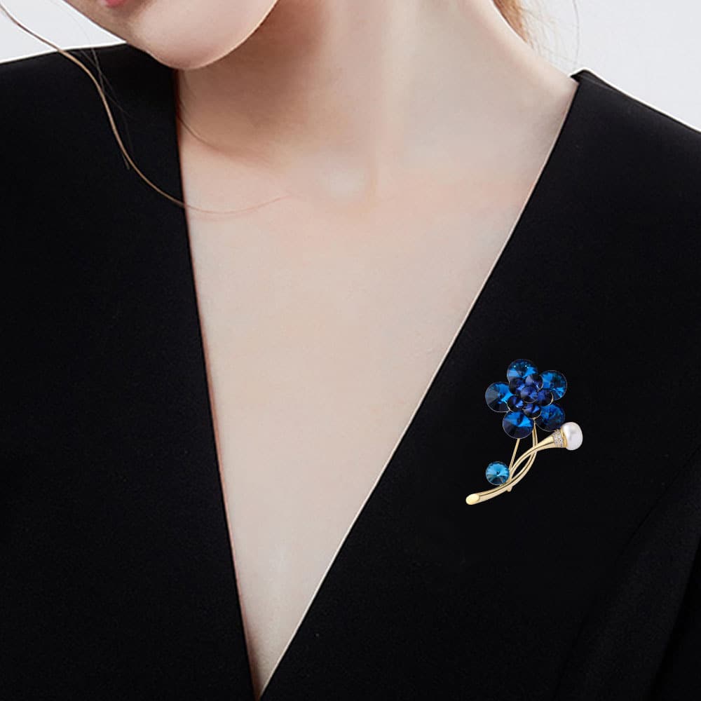 New Austrian Crystal Blue Satellite Flower Brooch 14K Gold Plated High Imitation Shell Pearls Corsage High-End Pin Hot Sale - Image 2