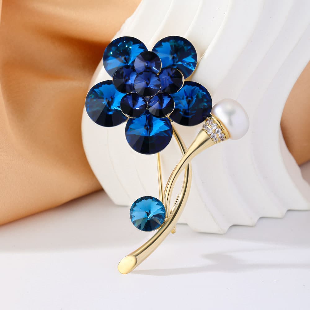 New Austrian Crystal Blue Satellite Flower Brooch 14K Gold Plated High Imitation Shell Pearls Corsage High-End Pin Hot Sale - Image 3