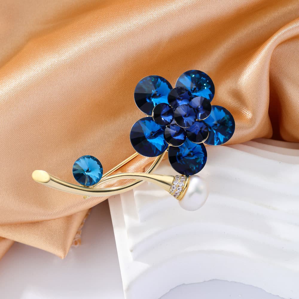 New Austrian Crystal Blue Satellite Flower Brooch 14K Gold Plated High Imitation Shell Pearls Corsage High-End Pin Hot Sale - Image 4