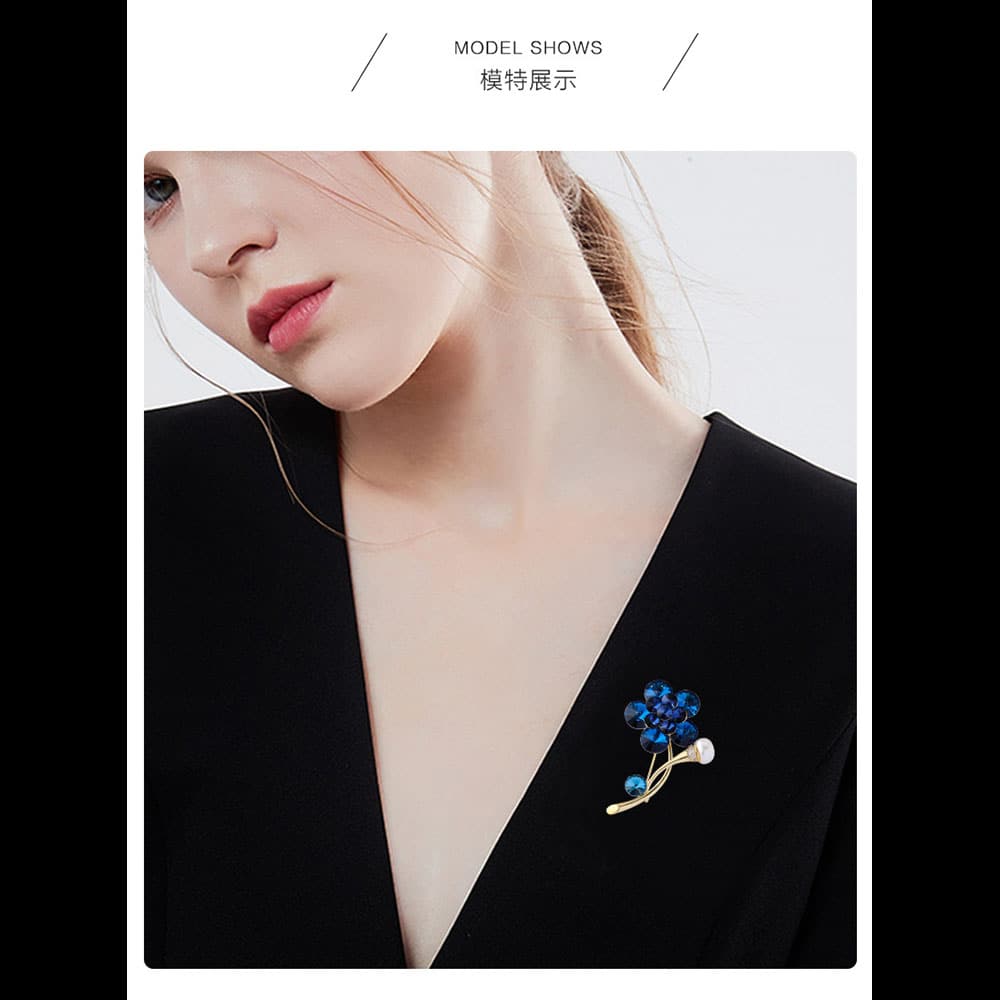 New Austrian Crystal Blue Satellite Flower Brooch 14K Gold Plated High Imitation Shell Pearls Corsage High-End Pin Hot Sale - Image 7