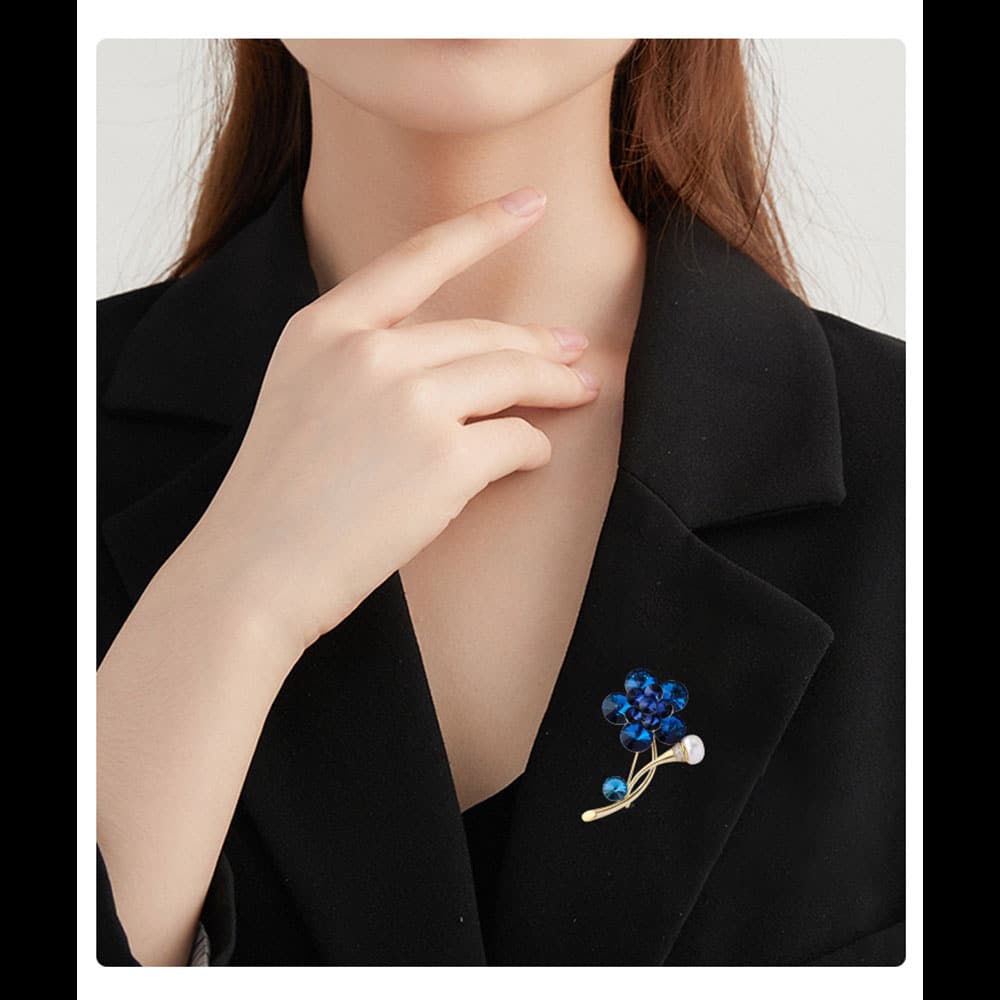 New Austrian Crystal Blue Satellite Flower Brooch 14K Gold Plated High Imitation Shell Pearls Corsage High-End Pin Hot Sale - Image 8