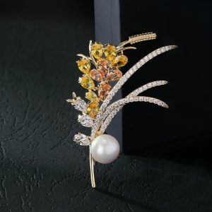 Autumn and Winter New Korean Dignified High-Quality Color Zircon Ears of Wheat Brooch Luxury 14K Gold Plated Hot-Selling Corsage Women's Accessories